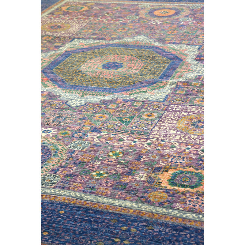 Tapis unique nouvel âge 8 pi 11 po x 12 pi 1 po Mamluk en raisin / bleu marine / olive / ivoire