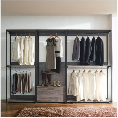  Wood Walk in Closet System with Drawer and Black Metal Frame in Weathered Finish