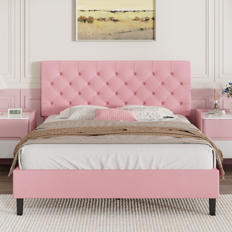 Structure de lit avec tête de lit, lit plateforme tapissier avec capitonnage à boutons Desigh, Grand lit, Rose