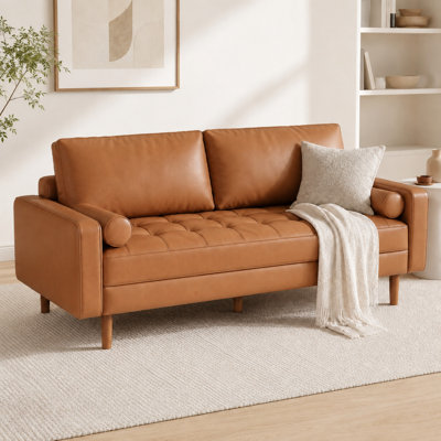 Cohrs 80'' Leather Mid Century Modern Upholstered Square Arm Sofa Brown