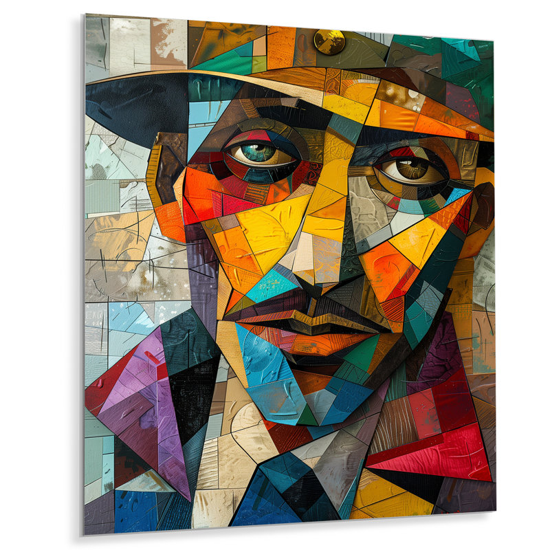«Blue Yellow Geometric Fragmented Portrait», reproduction d'art cubique abstraite, Sans cadre, métal, H 16 po x l 32 po