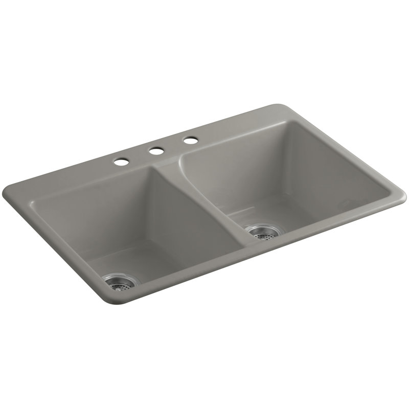 Deerfield 33" L x 22" W Double Basin Drop-In Kitchen Sink with Accessories, Cashmere, 3 Hole