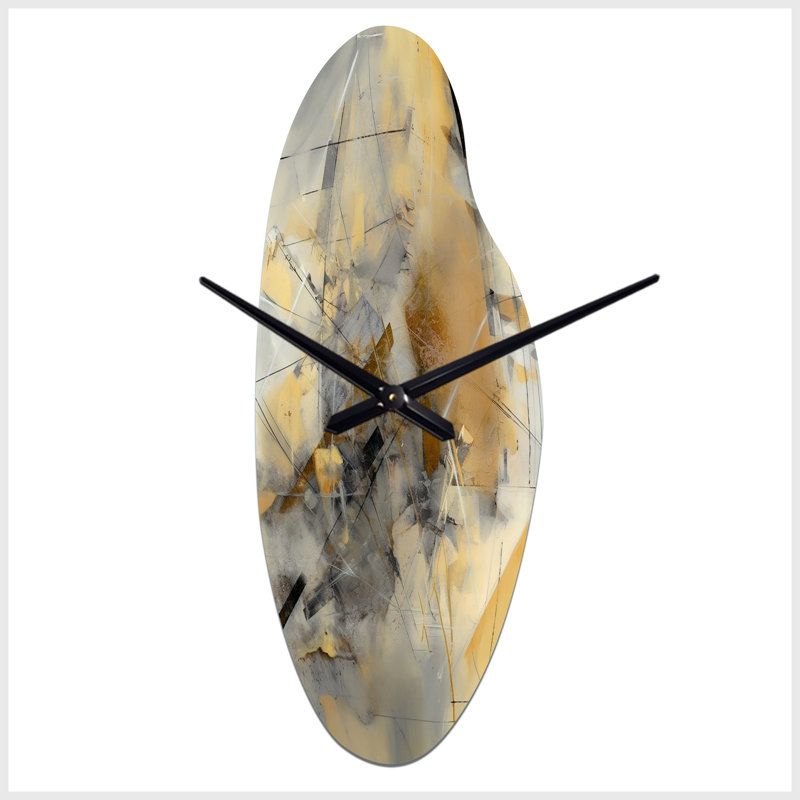 Jaune et gris au-delà de la toile II - horloge murale asymétrique moderne en métal, impression d'horloge incurvée, Grand