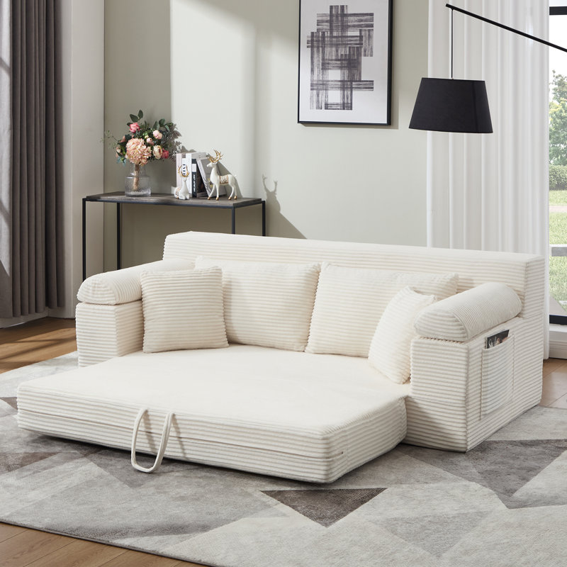 Brigitte 78.1" Convertible Corduroy Sofa Bed, Upholstered Pull-Out Couch with Sleeper, Creamy White