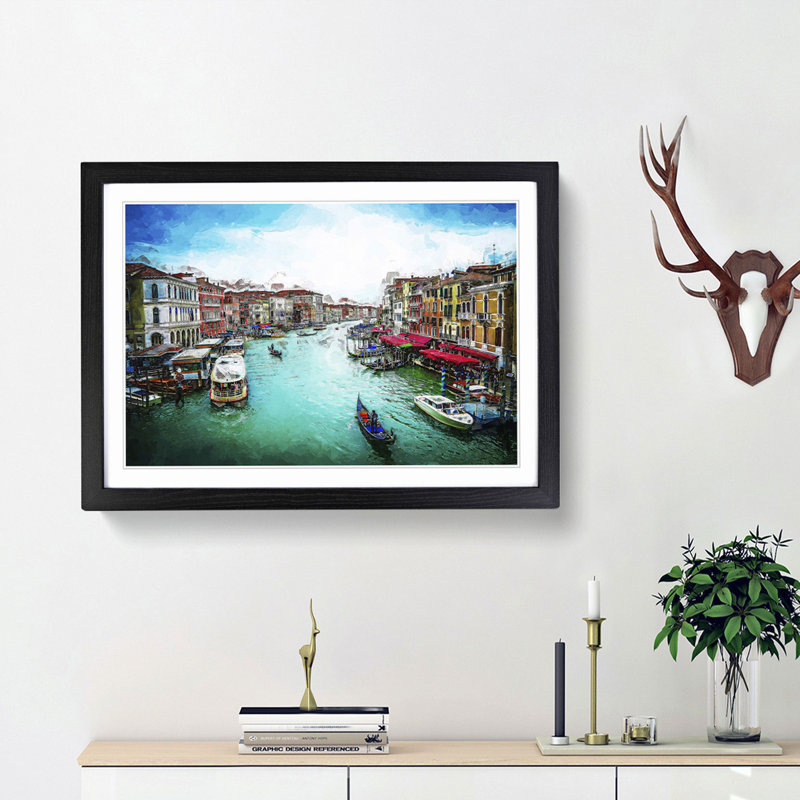 Gondolas in Venice Italy in Abstract - Picture Frame Graphic Art Print, 48cm H x 65cm W x 2cm D, Black Framed