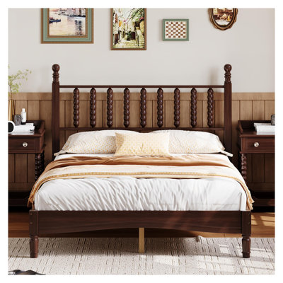 Lit plateforme double en bois avec tête de lit en forme de gourde - Structure de lit en noyer de style rétro avec support en lattes de bois, aucun sommier nécessaire