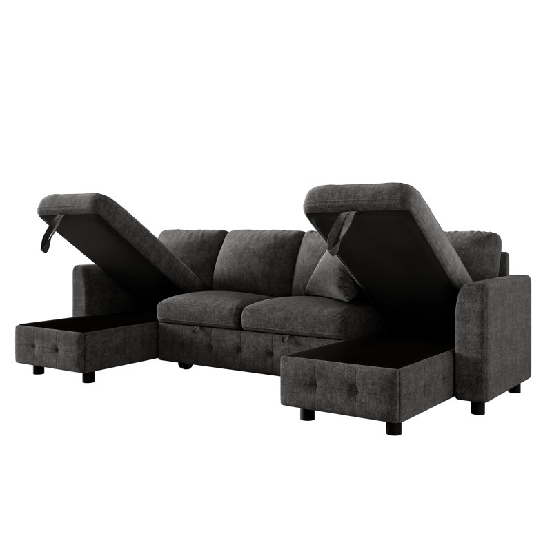 Modern Luxury Chenille Sectional Sofa, Convertible Corner Sleeper Chair Bed, Comfy Couch for Living Room, Gray, U-Shape