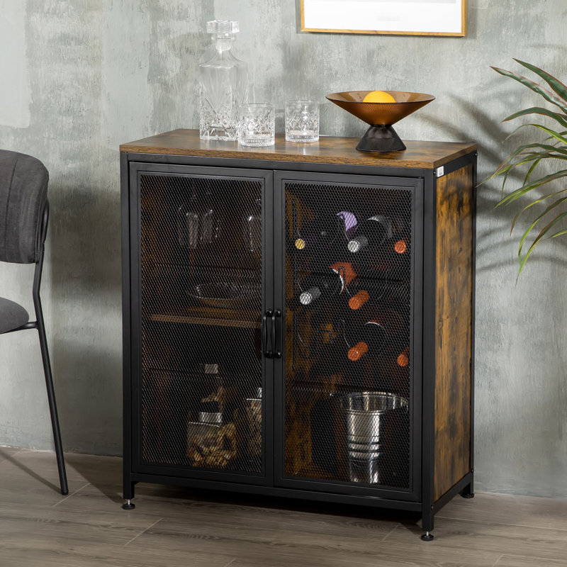 Wine Cabinet With 9 Bottle Wine Rack, Retro Liquor Cabinet With Glass Holders, Mesh Doors, And Storage Shelf
