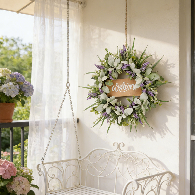 Charmante couronne de lavande et d'eucalyptus avec signe «Welcome» - Décoration de porte parfaite