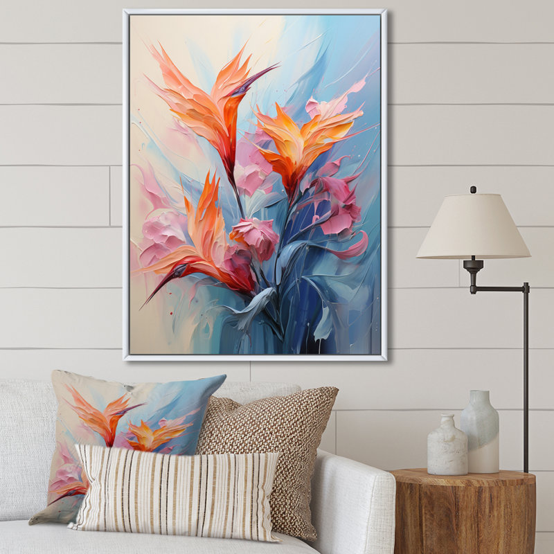 Oiseaux de paradis I - décoration murale florale et botanique, H 32 po x l 24 po x P 1 po, Cadre flottant blanc