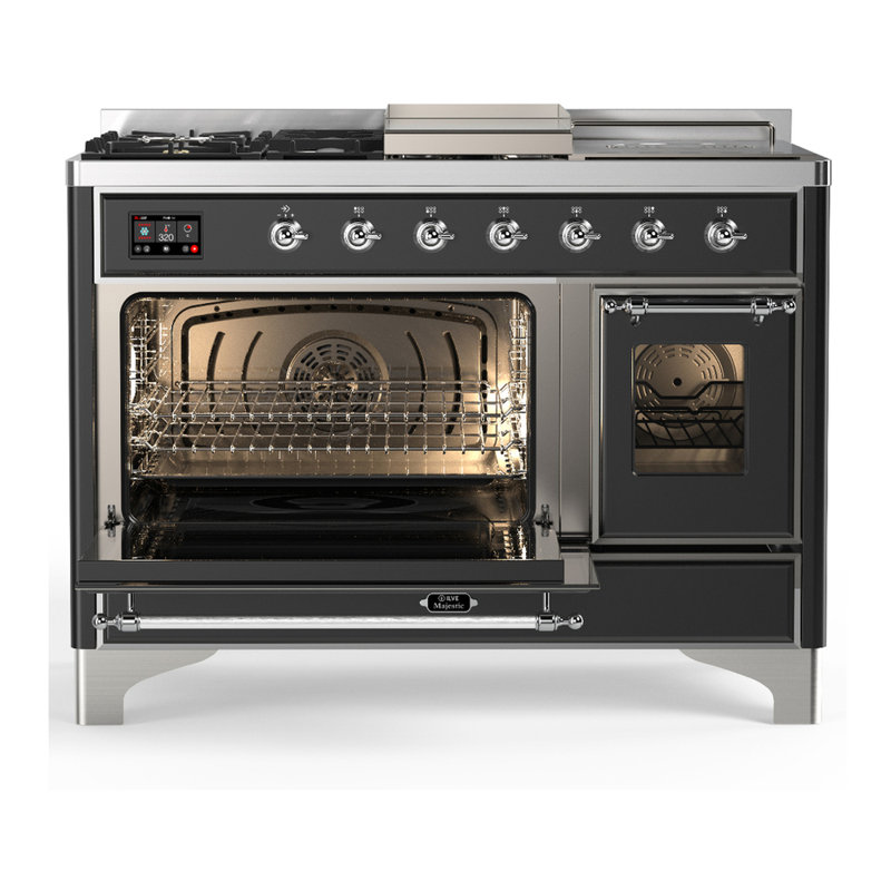 Majestic III Series 48 Inch Dual Fuel Range with 5 Sealed Burners, Griddle, Frenchtop in Glossy Black (Natural Gas, Burnished Trim)
