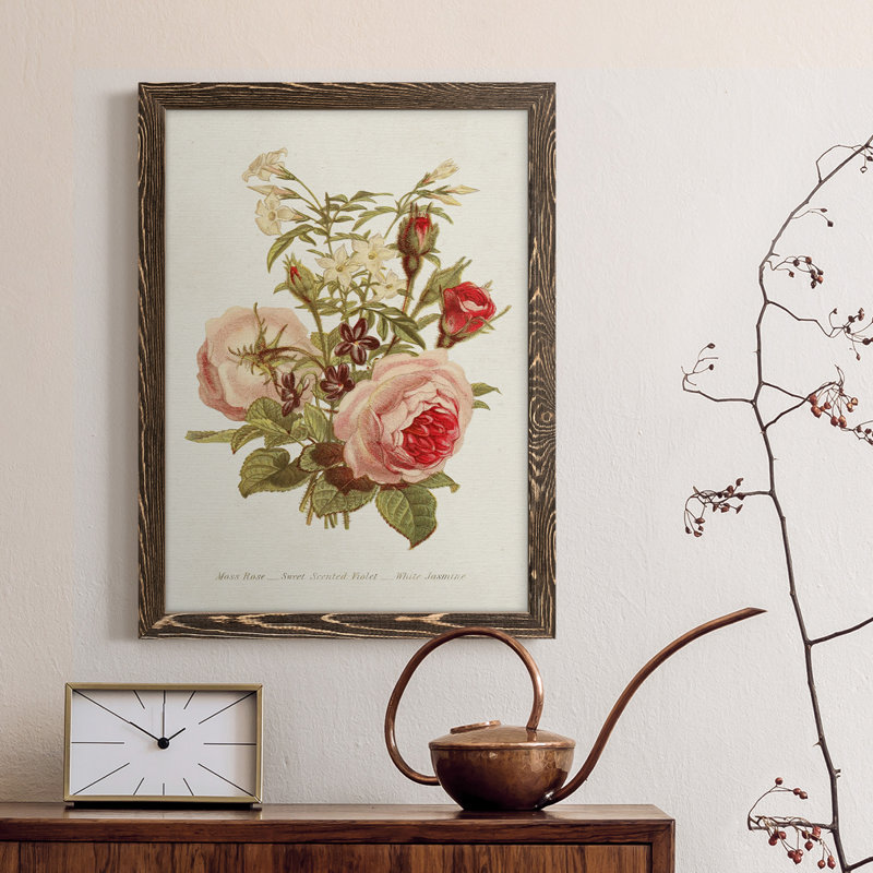 Antique Floral Bouquet III - reproduction d'art sur toile, H 28 po x l 38 po x P 1 po, Encadré de bois de noyer