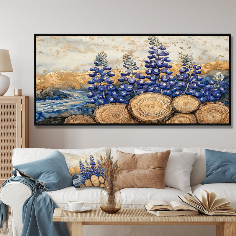 «Jabien Blue Bonnets Flowers On A Wood Slide Landscape I - Blue Bonnets», art mural, Noir, H 28 po x l 60 po, Cadre flottant