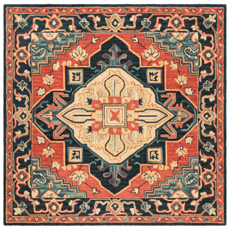 Bluffs Hand Loomed Wool/Cotton/Latex Oriental Rug in Red/Navy, Square 8'