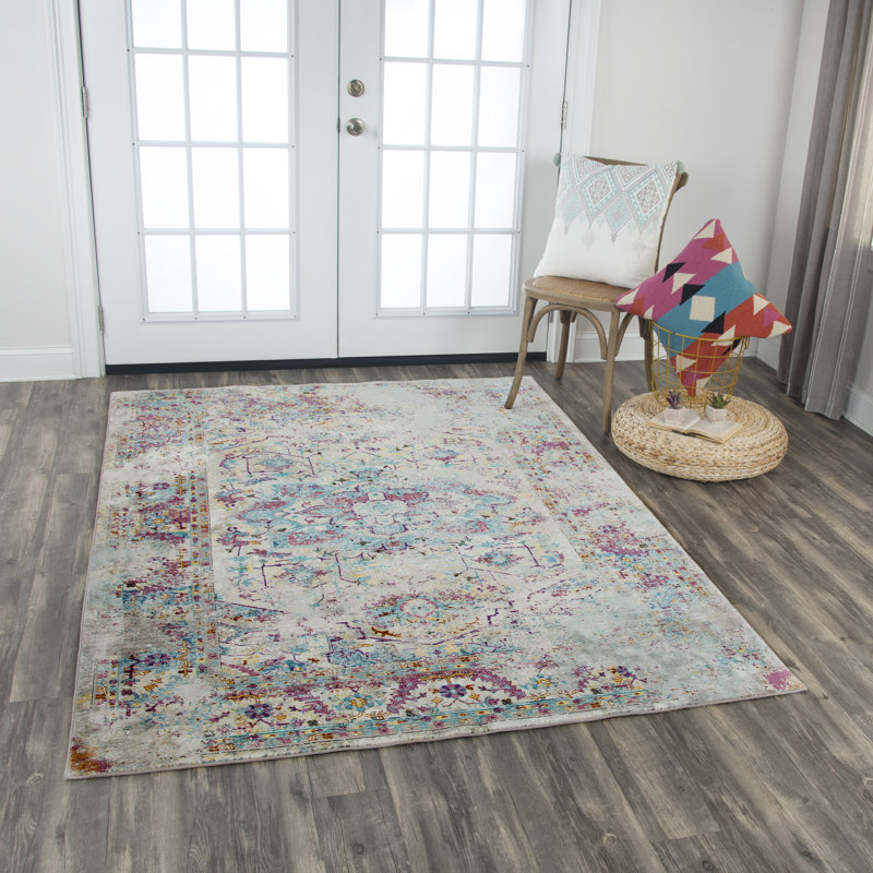 Tapis bleu/rose/beige Elliot, Rectangulaire 3 pi 11 po x 5 pi 6 po