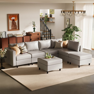 7-Piece 118.5'' Reversible Modern L-Shape Sectional Sofa With Storage Seat- Faux Leather-Light Gray