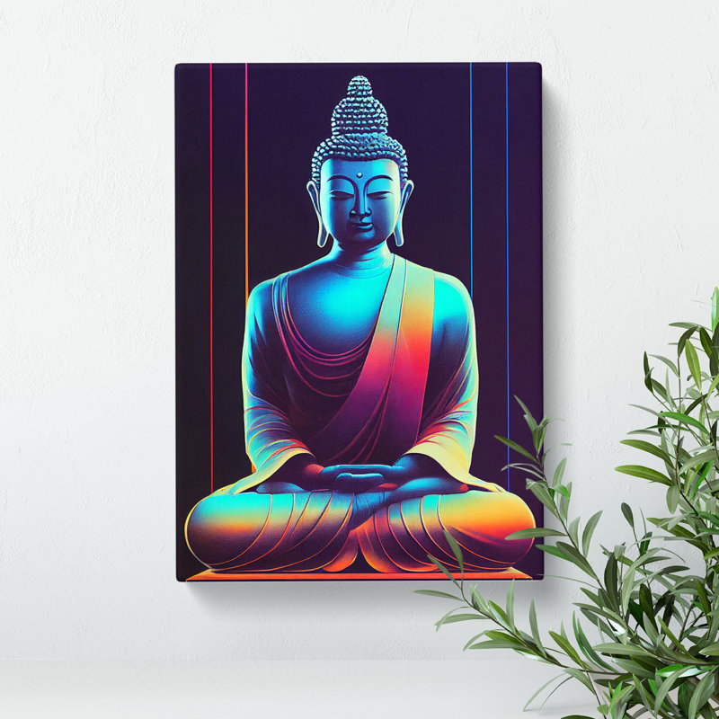 Buddha in Neon - Wall Art, Wrapped Canvas, 50cm H x 35cm W x 3cm D, No Matte