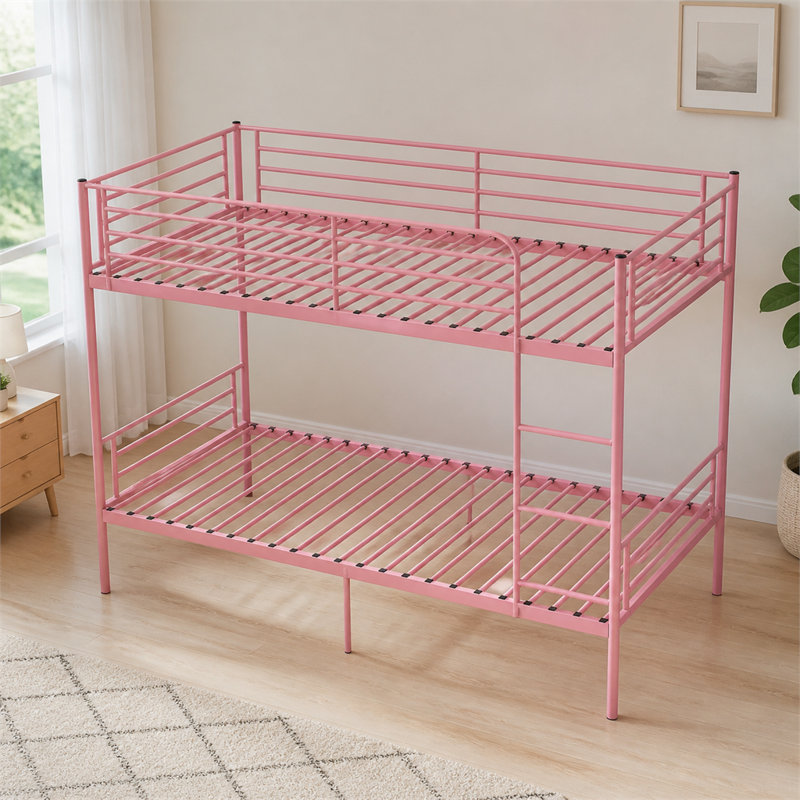 Lit superposé amovible rose en métal (taille simple), avec échelle et garde-corps élevé, structure silencieuse et espace de rangement.