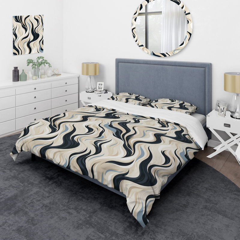 Black and Beige Esoteric Flow I - Ensemble de housse de couette à motif abstrait - Microfibre de polyester