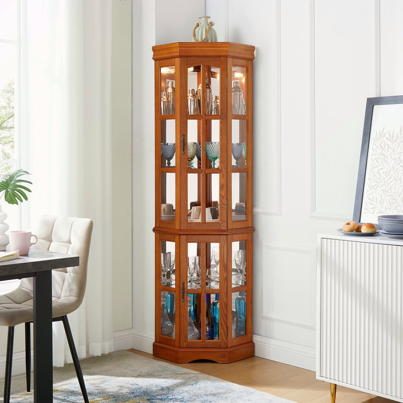 Vitrine de coin avec 5 tablettes et système d'éclairage (ampoule E26 non incluse), Chêne
