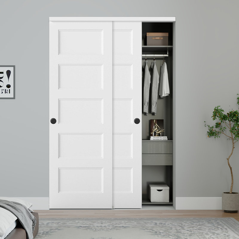 48"X80" Flat 5-Panel Smooth White Primed Moulded Sliding Closet Doors With Installation Hardware Kit and Matte Black Finger Pull