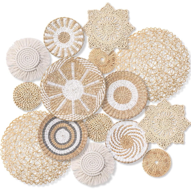 15 Pcs Boho Wall Basket Decor Woven Rattan Seagrass Wall Decor Hanging Rustic Farmhouse Western Art Decoration For Nursery Living Room Bedroom Home Kitchen(Grey White Style)