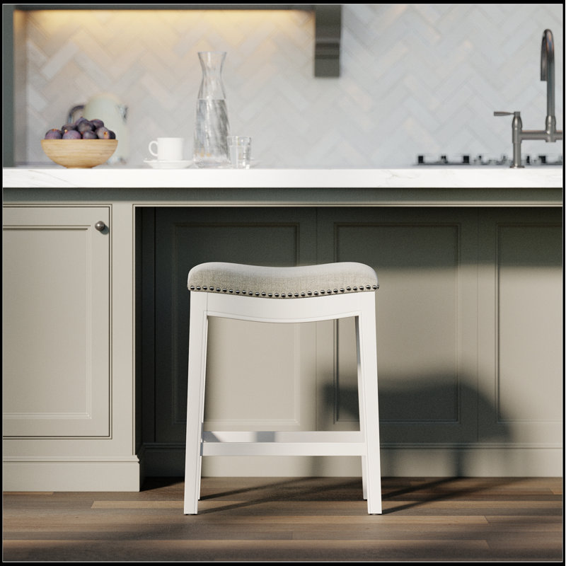 Zoey 26In. Tabouret de bar en bois à hauteur de comptoir avec dossier clouté et garniture cloutée, blanc campagne avec siège rembourré