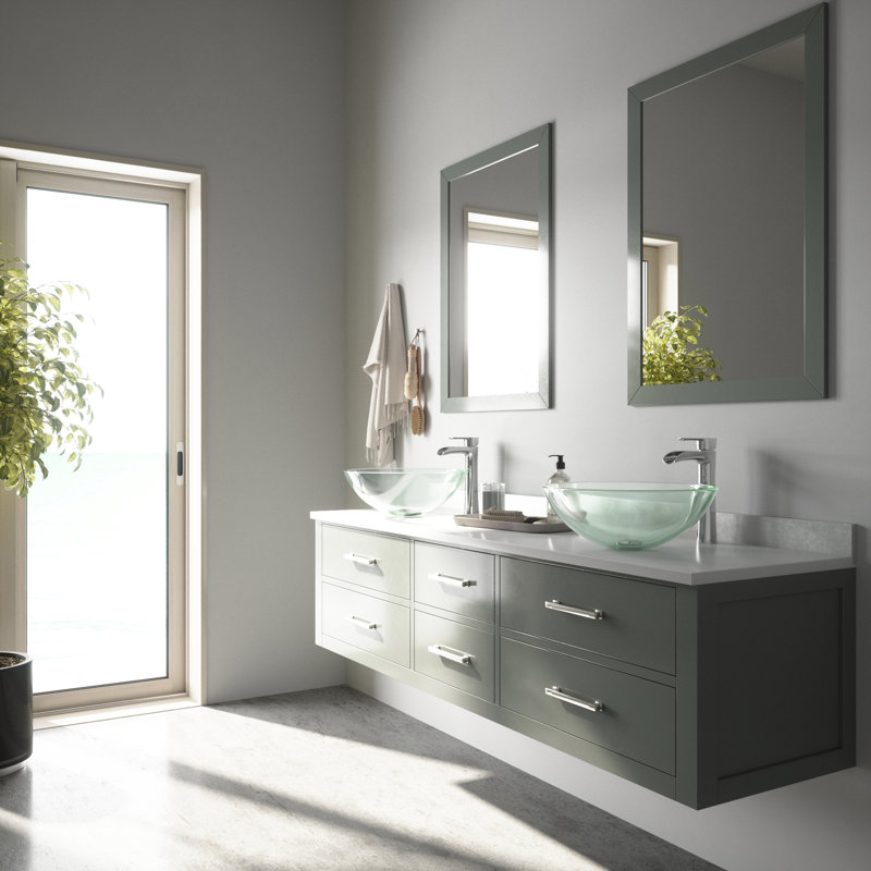 Giovanni Titanium 17" L x 17" W x 6" H Round Glass Vessel Bathroom Sink with 11" H Faucet, Chrome, Iridescent