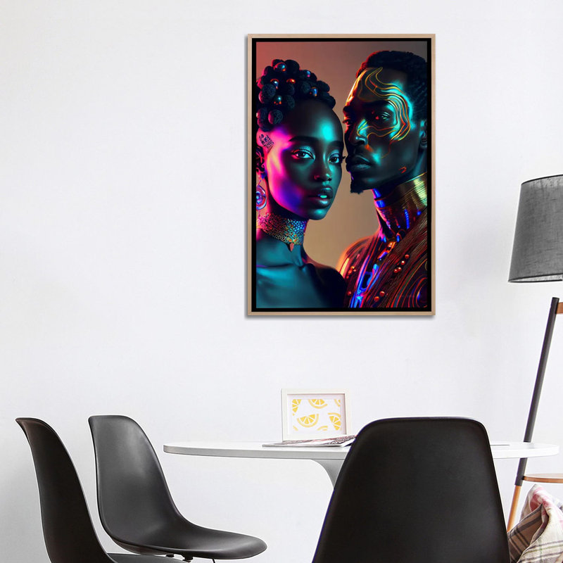 Afrofuturist African Royalty Queen And King II, Natural Wood Floater Framed Canvas, 40" H x 26" W x 1.5" D