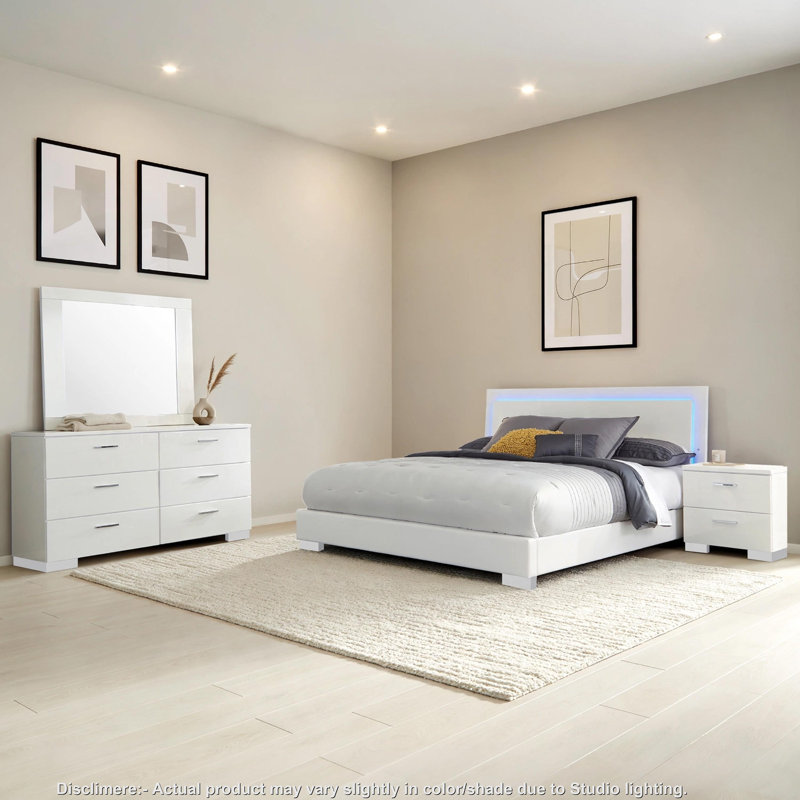 Ensemble de chambre pour très grand lit 4 pièces Sok, lumières DEL bleues, similicuir, bois blanc, Très grand lit