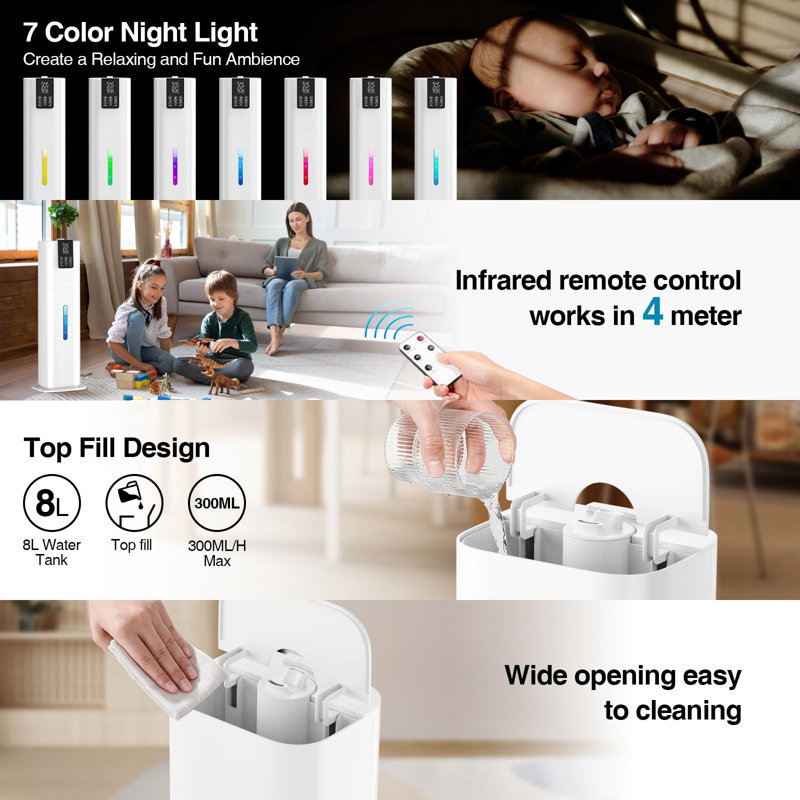 Smart Humidifiers Large Room Bedroom Home,2.11Gal(8L) Quiet Top Fill Cool Mist Humidifier,Smart App & Remote Control, 3 Speed Humidifier With 360°Nozzle,Humidity Setting For Baby Office Plant