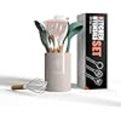 Silicone Cooking Utensils Set Of 10 Kitchen Utensils For Nonstick Cookware Heat Resistant & Nontoxic Spatula Set- Khaki