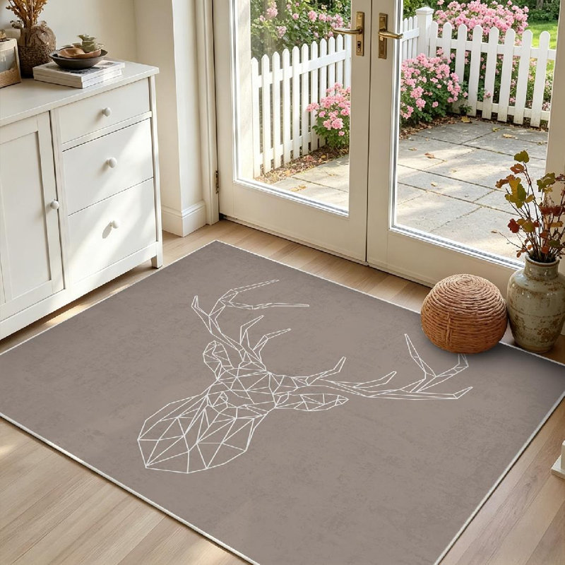 Tapis d'intérieur transparent lavable à la machine, motif de têtes de cerf polygonales et lignes origami.