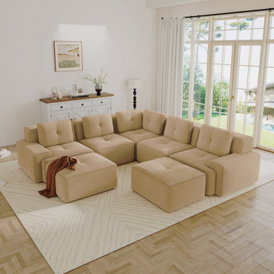 Canapé modulaire en forme de V dans des salles familiales spacieuses avec canapé modulaire à 5 places, canapé d'angle, tissu en velours côtelé, 2 repose-pieds mobiles, siège profond pour le salon, passepoil perlé, conception capitonnée, sans assemblage, conception antidérapante, chameau