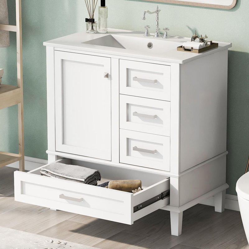 30" Modern Simple Design Bathroom Vanity, White, Silver