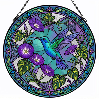 Panneau de vitrail à motif floral Colibri ， H 12 po