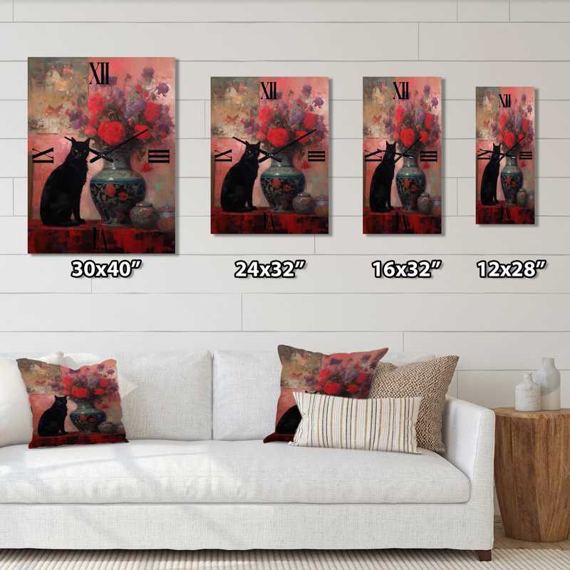 Peinture d'un chat noir avec fleurs rouges, Grand