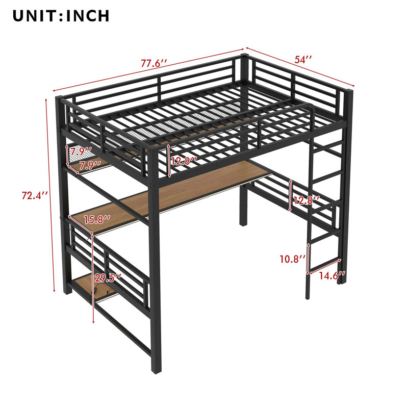 Lit mezzanine double en métal avec bureau, tablettes et lumière DEL, filet de fer, noir
