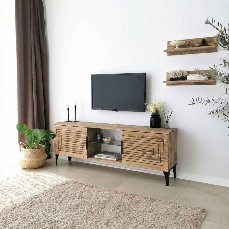 Modern TV Unit with Antibacterial Solid Pine Wood, Oak Finish, 47.5 x 15.7 x 11.8 inches | Rustproof Metal Legs, 2 Shelves (19.7 x 5.9 x 4.7 inches) | Stylish Scandinavian Design, Easy Assembly, Perfect for Living Room
