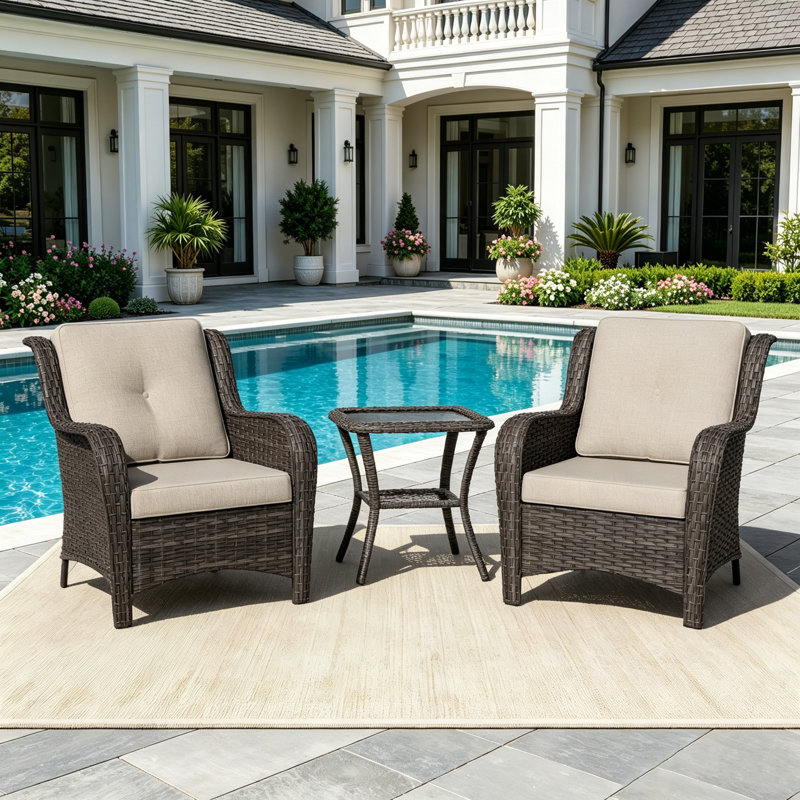 2-Person Outdoor Patio Conversation Rattan Seating Group With 1 Coffee Table,2 Armchairs and Beige Cushions, Beige