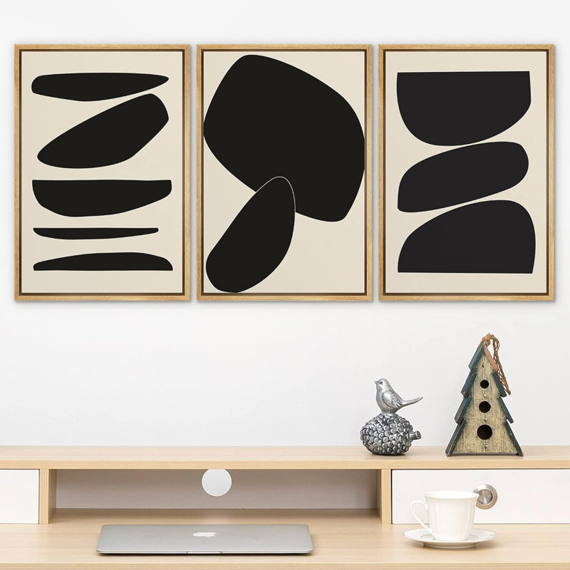 Modern Black and Beige Abstract Canvas Print Set with Plastic Frames