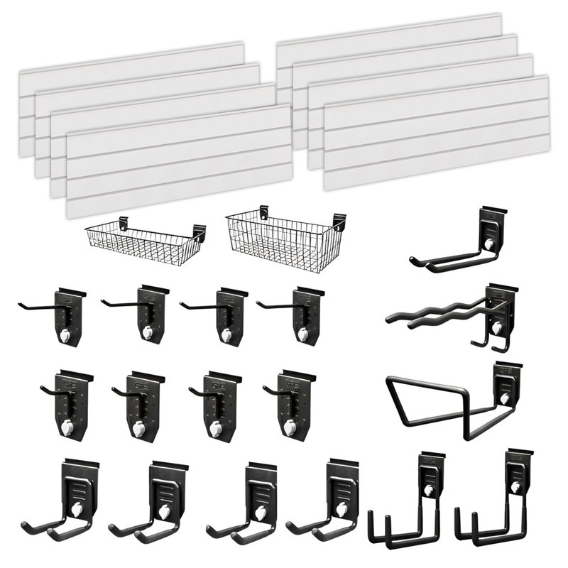 Symple Stuff Garage Slat Wall Storage Kit - Heavy Duty Garage Wall Storage Organiser for Your Garage & Garden & Equipement with Twist Lock Mechanism | 19 Accessories | 2.44m (4ft) Panels