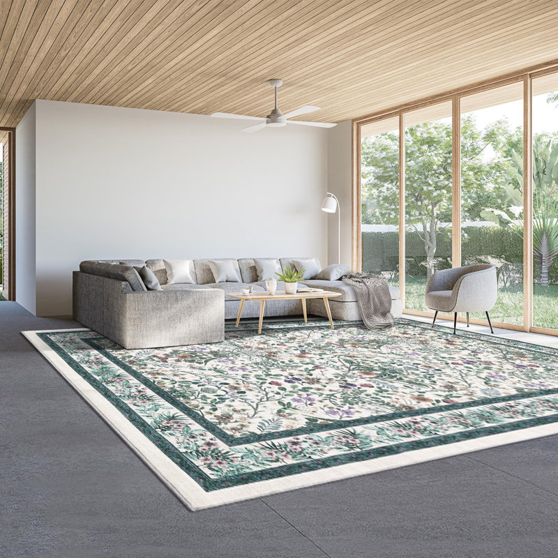 Tapis lavable à imprimé floral pliable avec envers antidérapant, 5 x 7 pi, Vert clair, Rectangle 5 pi x 7 pi