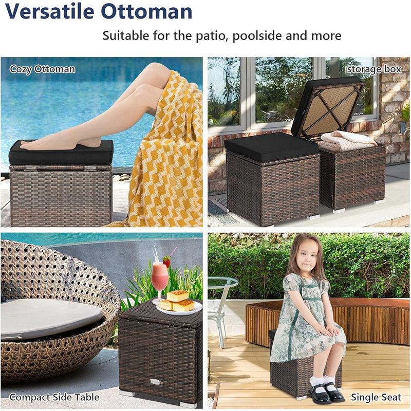 2 Pieces Patio Ottomans, Patiojoy Hand-woven Side Table With Removable Cushion & Hidden Storage Space, Multifunctional Storage Box, Seat For Patio, Backyard, Poolside