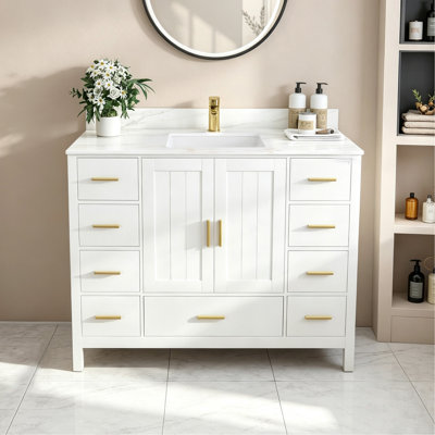 Meuble-lavabo moderne en bois massif de 42 po avec lavabo, comptoir en pierre frittée blanc Carrara de 43 po avec 1 trou de robinet pré-percé, 2 portes doubles à fermeture douce et 9 tiroirs spacieux avec glissières (blanc)