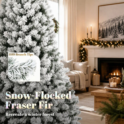 7.5 ft Pre‑Lit Flocked Fraser Fir Artificial Christmas Tree, Hinged Branches with Integrated LED Lights, Foldable Metal Base in Green and White Winter Finish