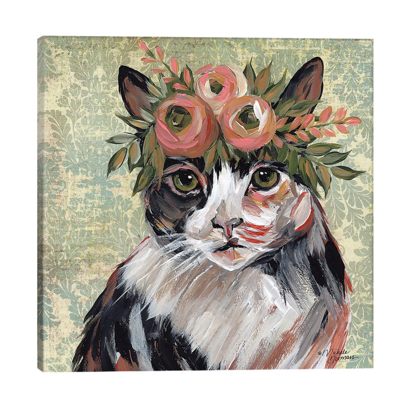 Cat With Floral Crown by Michele Norman - Wrapped Canvas Painting, 30.48 cm H x 30.48 cm W