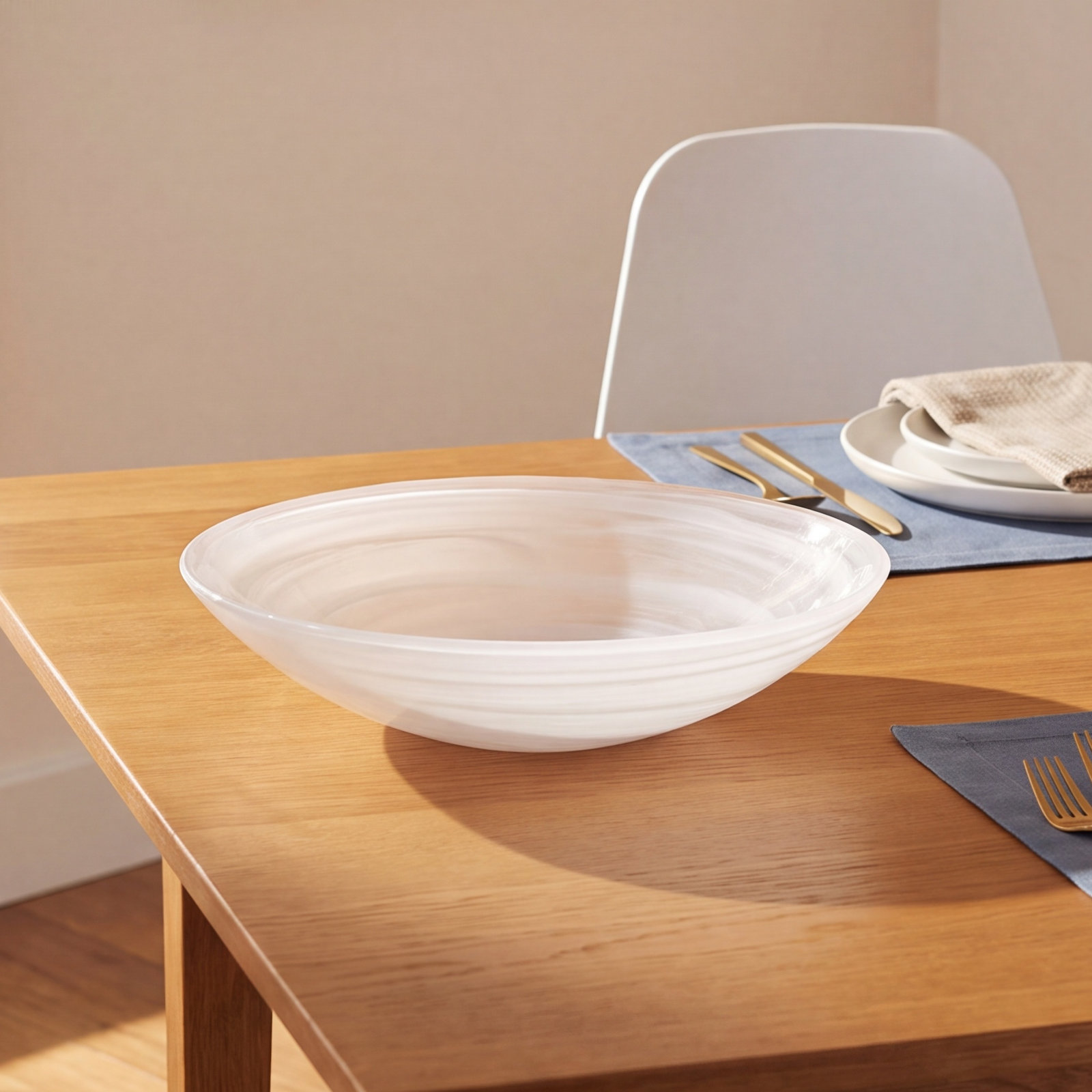 Alabaster Artisanal Glass Serving Bowl, White