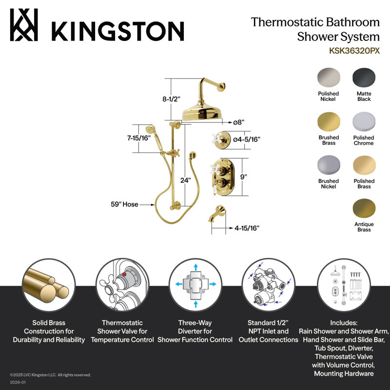 Kingston Restoration Thermostatic Tub And Shower System, Brushed Nickel