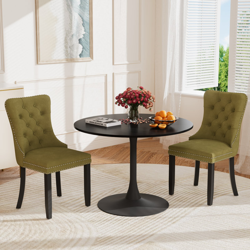 Round Pedestal Dining Set with 2 chairs, Black/Black, Oliver Green